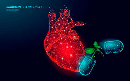 3d healthy heart vitamin low poly. Alternative medicine organic care protection drug pharmacy banner background. Nutrition natural extract supplement vector illustrationの写真素材