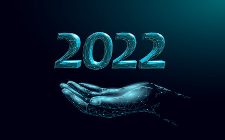 2022 New Year 3D metal ice texture. Glowing shape blue dark neon number illustration. Celebration decoration steel silver chrome poster greeting card vectorのイラスト素材