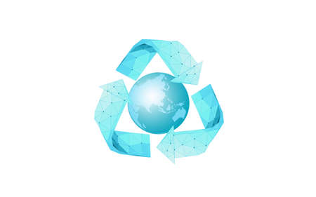 3D recycle plastic symbol on Earth. Environment safety urban recycling industry. Organic trash eco management. Triangle arrow modern bio vector illustrationのイラスト素材