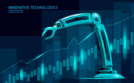 Robot arm low poly manipulator. Part construct assembly triangle shape. Polygonal connected dots 3D render robotic artificial machinery innovation technology hand vector illustrationのイラスト素材