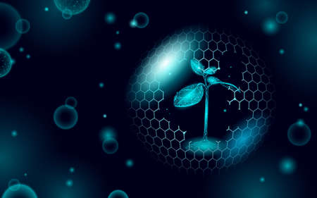 Shield plant sprout ecological abstract concept. 3D render seedling tree leaves. Save planet nature...