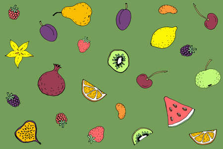 Exotic fruits seamless pattern. Cartoon hand drawing colored sketch. Healthy organic vegan diet...