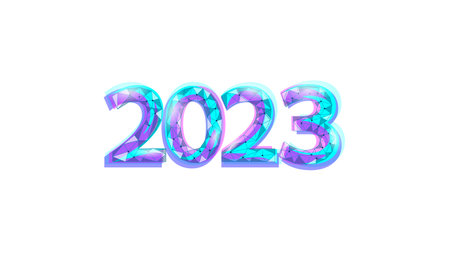 2023 New Year 3D metal ice texture. Glowing shape blue neon number illustration. Celebration...