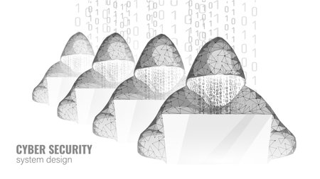 Internet security cyber attack business concept low poly. Anonymous hacker at the laptop computer blue finance danger. Server room rack polygonal point line dot geometric design vector illustrationのイラスト素材