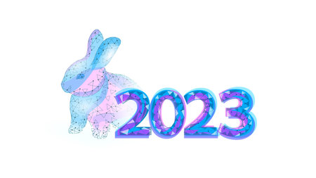 3D rabbit 2023 zodiac year sign concept. Chinese New Year holiday card. Low poly hare blue element...