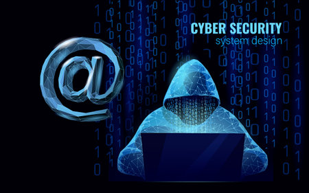 Internet security cyber attack business concept low poly. Anonymous hacker at the laptop computer blue finance danger. Server room rack polygonal point line dot geometric design vector illustrationのイラスト素材
