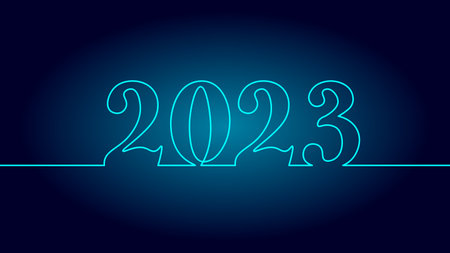 2023 New Year single continuous line art. Holiday greeting card headline decoration. Date numbers concept design. One sketch outline drawing white vector illustrationのイラスト素材