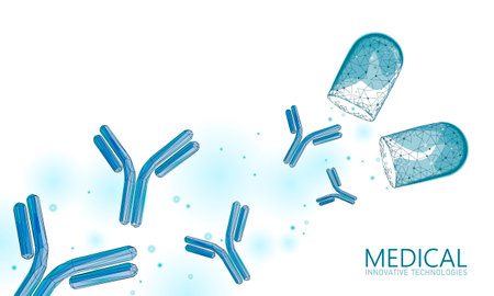 Antibody immunoglobulin virus vaccine result. 3D medical infection model. Immunization poster template. Blood test green pass certificate vector illustrationのイラスト素材
