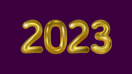 2023 New Year 3D metal golden texture. Glowing shape yellow ballon number illustration. Celebration decoration gold poster greeting card vectorのイラスト素材
