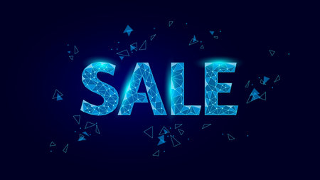 Sale 3D banner technology design. Low poly polygonal shape letter online discount. Advertising web mobile app social media shopping offer vector illustrationのイラスト素材