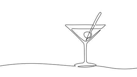One line continuous cocktail wine glass symbol concept. Silhouette of alcoholic drink vermouth olive. Digital white single line sketch drawing vector illustrationのイラスト素材