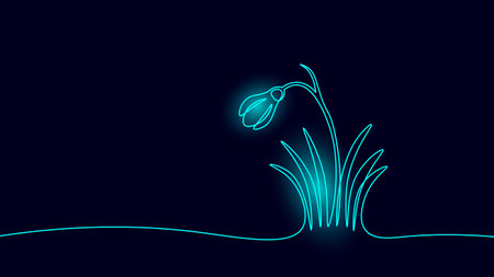 First spring flower snowdrops. One continuous line early blooming garden flower nature beautiful white petals. Sketch doodle hand drawn vector illustrationのイラスト素材