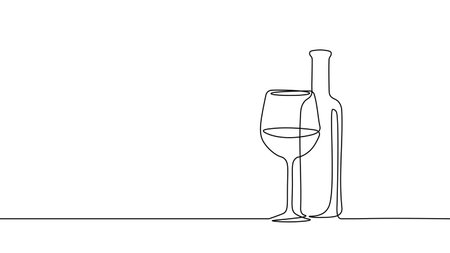 One line continuous vine bottle flass symbol concept. Silhouette of alcoholic drink vermouth. Digital white single line sketch drawing vector illustrationのイラスト素材