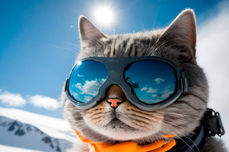 Gray cat wearing sunglasses on vacation on mountain. Winter active holiday snowboarding skiing. 3D illustration collage pet travel rest conceptの写真素材
