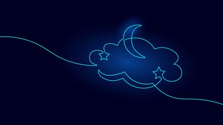 One continuous line moon and stars symbol. One line doodle kids textile decoration night dream background. Vector illustrationのイラスト素材