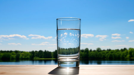 Glass of water on table in front of green landscape. Fresh mineral healthy drinking water. Transparent aqua summer sky green forest photoの写真素材