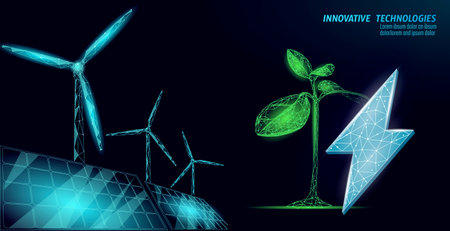 3D windmills ecology forest concept. Save environment wind green tree energy sustainable power. Eco global planet solution. Triangle vector illustration artのイラスト素材