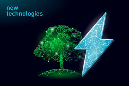 3D plant green lightning saving energy ecology concept. Polygonal light blue sprout eco electricity green energy power banner vector illustrationのイラスト素材