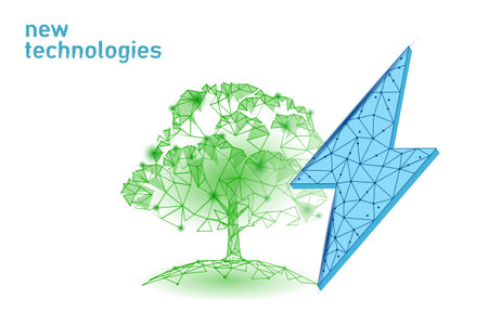 3D plant green lightning saving energy ecology concept. Polygonal light blue sprout eco electricity green energy power banner vector illustrationのイラスト素材