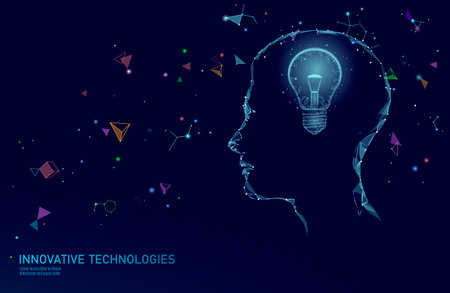 Human brain IQ smart business concept. E-learning nootropic drug supplement brain power. Brainstorm creative idea project work low poly polygonal vector illustrationのイラスト素材
