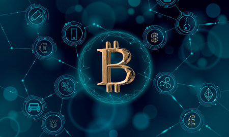 Bitcoin symbol. Golden currency crypto currency banking system. Economy commerce network blockchain...