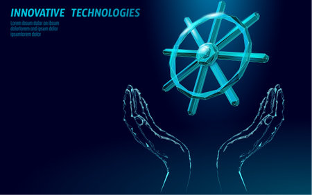 Wheel helm computer developer app concept. Business digital open source program. Data coding steering 3D low polygonal vector line illustrationのイラスト素材