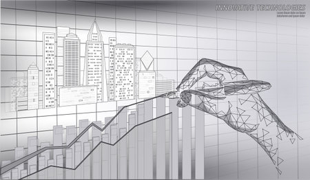 Web Low poly smart city 3D growing graph. Intelligent building automation system business concept. hand with pen point. Architecture urban cityscape technology banner vector illustration.のイラスト素材