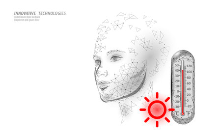 Sun screen skin care from heat UV. 3D low poly design cosmetics lotion radiation SPF cream woman face concept. Ads banner vector illustrationのイラスト素材