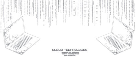 Laptop cloud data transfer. Computer online cloud data storage technology progress upgrade software app development vector illustrationのイラスト素材