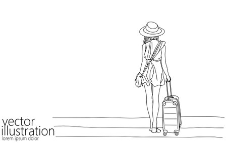 Continuous one single line art travel girl concept. Beautiful woman fashion tourist hand drawn sketch. Summer voyage agency white monochrome vector illustrationのイラスト素材