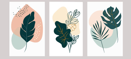 Set of abstract tropical line leaves drawing. Ink sketch exotic foliage garden bouquet print. Color pastel shapes background cover design vector illustrationのイラスト素材