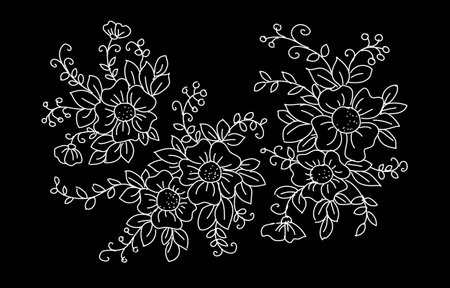 Line flowers. Art drawing floral decoration invitation. Black ink hand drawn on white background. Botanical style coloring picture. Wedding fashion print vector illustrationのイラスト素材