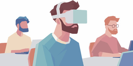 3D virtual reality helmet working business office concept. Augmented reality cyberspace online. Digital competition gaming cup. Light vector illustrationのイラスト素材