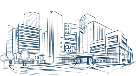 Low poly smart city 3D wire mesh. Intelligent building automation system business concept. High skyscrapers border pattern background. Architecture urban cityscape technology vector illustrationのイラスト素材