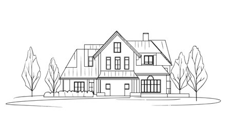 One line seller house. Building quarter complex in forest. Hand drawn sketch continuous line. Sell own family customer concept vector illustrationのイラスト素材