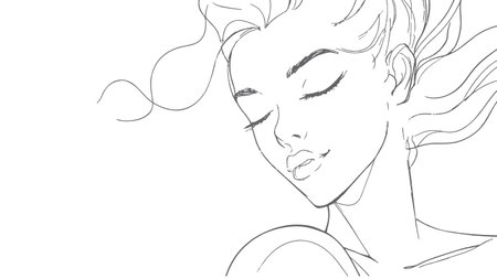 Continuous one single line art girl face concept. Beautiful woman portrait fashion hair hand drawn sketch. Beauty happy smiling young lady side head gray white monochrome vector illustrationのイラスト素材