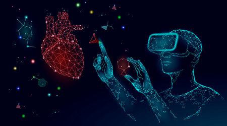 VR headset holographic projection virtual reality glasses. Futuristic medicine heart health analysis laboratory remote doctor online vector illustrationのイラスト素材