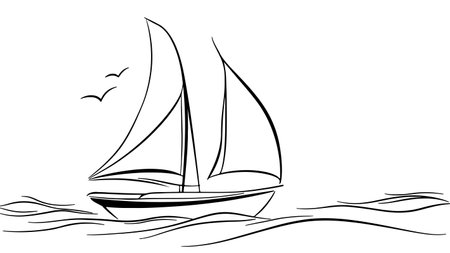 Sailboat ocean waves. Birds fly above. Travel poster nautical design. Minimalist line art vector illustration.のイラスト素材