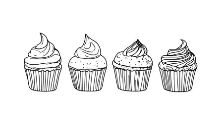Cupcakes line art illustration. Cakes have different frosting designs. Perfect for bakery menus or dessert-themed designs. Black outlines on plain white backgroundのイラスト素材