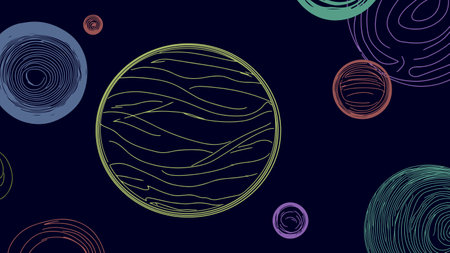 Abstract circles dark background. Different shapes colors patterns. Perfect presentations web design. Minimalist art top view vector illustration.のイラスト素材