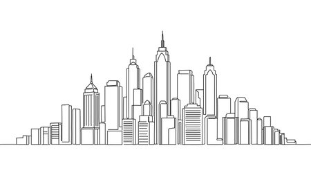 Modern city skyline buildings. Skyscrapers urban landscape. Architecture real estate business branding. One line art minimal drawing white background vector illustrationのイラスト素材