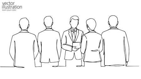 Business meeting concept illustration. Leader holds tablet colleagues surround him. Corporate teamwork training conference. Single line minimalist drawing vector illustrationのイラスト素材
