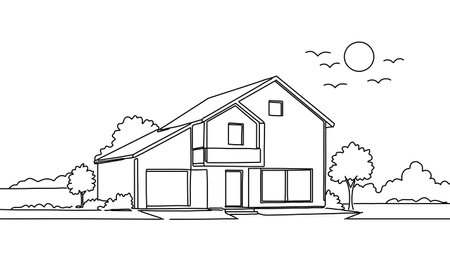 Modern house outline drawing. Trees birds sun outdoor. Real estate design architecture. Minimalist line art front view vector illustrationのイラスト素材