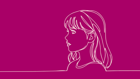 Girl face side view. Beautiful young female portrait. Fashion beauty branding design. One line art smooth curves pink background vector illustrationのイラスト素材