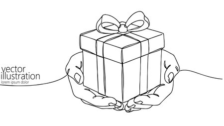 Hands hold gift box. Ribbon bow present package. Promotion marketing sales design. Minimalist line art white background vector illustrationのイラスト素材
