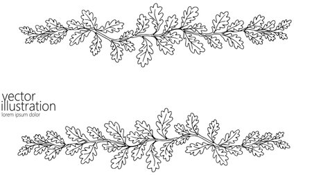 Oak leaves branch border. Floral design decoration element. Invitation card nature wedding decor. Minimalist line art drawing vector illustrationのイラスト素材