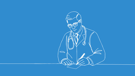 Doctor writes prescription medical record. Stethoscope suit glasses visible. Healthcare services patient consultation. Line art solid background vector illustrationのイラスト素材