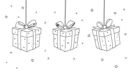 Hanging gift boxes with bows. Tiny stars simple decoration. Good for cards posters banners. Line drawing white background vector illustrationのイラスト素材