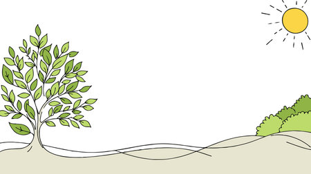 Landscape view with tree sun. Green leaves earth nature. Ecology project environmental banner. Flat lay doodle style vector illustrationのイラスト素材