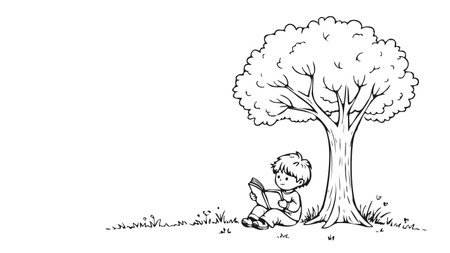 Boy reading book under tree. Summer nature leisure background. Educational content book illustrations. Simple line art white background vector illustrationのイラスト素材